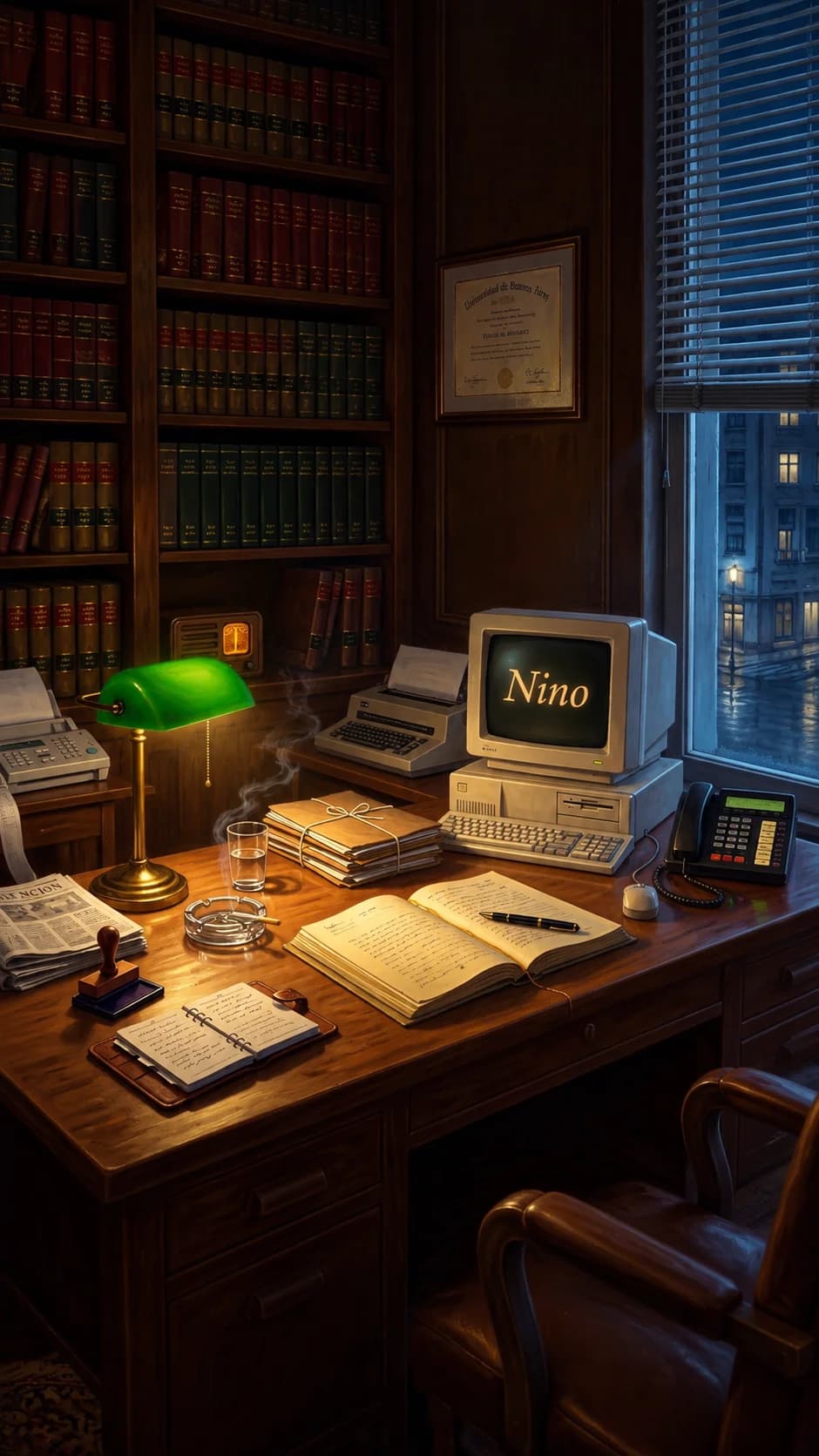 El estudio de un penalista argentino de los años noventa al final del día: la lámpara de banca encendida sobre el escritorio, el expediente cosido y la agenda abiertos, la radio y el fax entre los tomos de doctrina, y la computadora encendida.